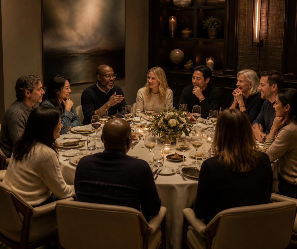 A diverse group of professionals in casual attire at an intimate roundtable dinner
